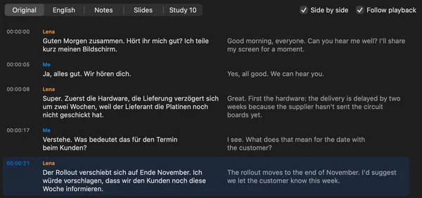 A German meeting transcript with an English translation beside each line, the current line highlighted.